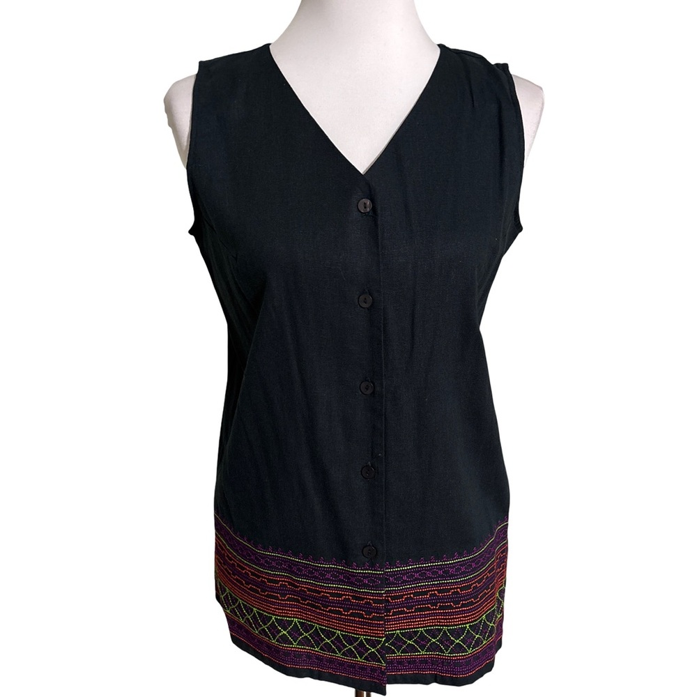 Parisian Works Black Linen Sleeveless Blouse Embroidered Hem